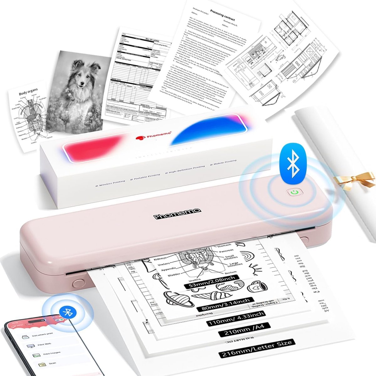 Draagbare Thermische Printer – Mobiele Printer – Compacte Printer – Inktloze Printer – Bluetooth Printer – A4 Formaat – 300 dpi Resolutie – Roze Kleur