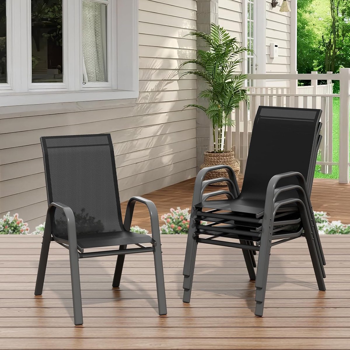Tuinstoelen Set van 4 - Stapelbaar - Textileen & Metaal - Weerbestendig en Roestvrij - Luxe Buitenstoelen voor Tuin, Balkon & Terras - Zwart – foto 6