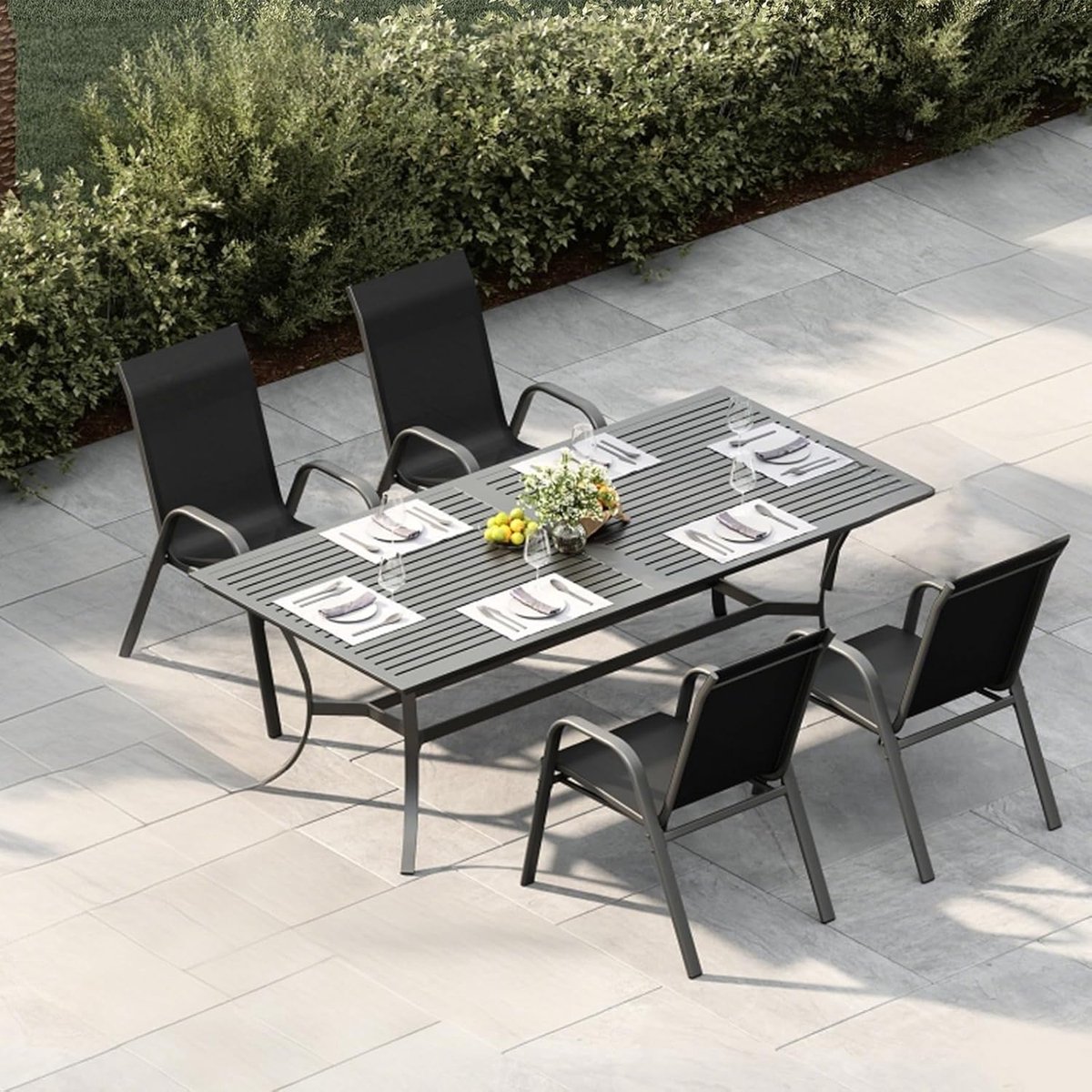 Tuinstoelen Set van 4 - Stapelbaar - Textileen & Metaal - Weerbestendig en Roestvrij - Luxe Buitenstoelen voor Tuin, Balkon & Terras - Zwart – foto 4