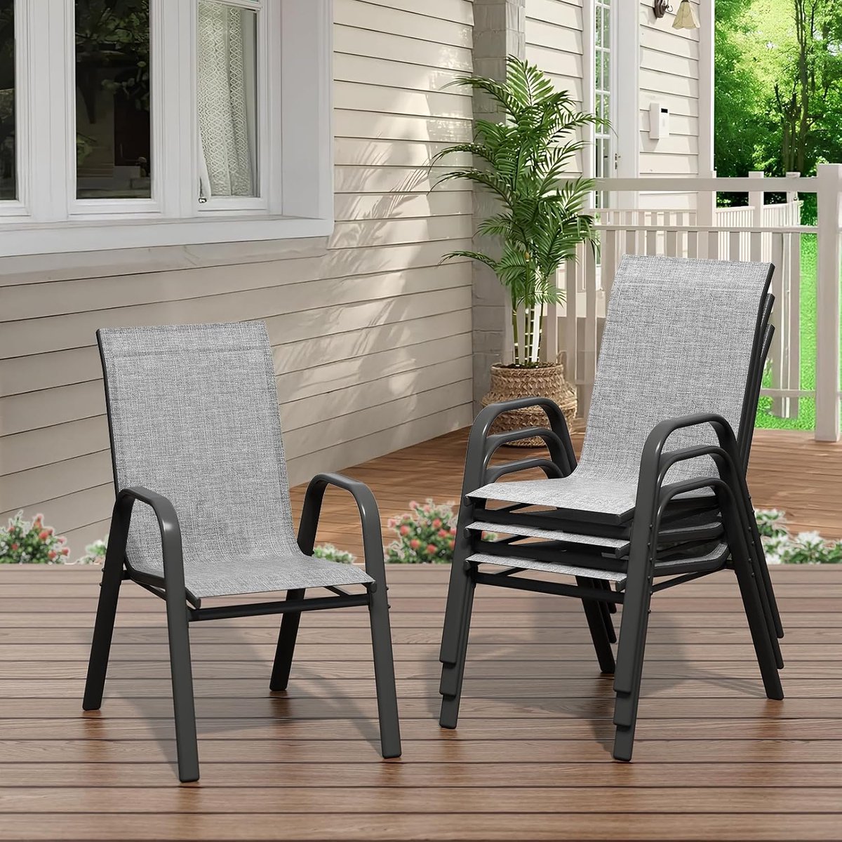 Tuinstoelen Set van 4 - Stapelbaar - Textileen & Metaal - Weerbestendig en Roestvrij - Luxe Buitenstoelen voor Tuin, Balkon & Terras - Grijs – foto 6