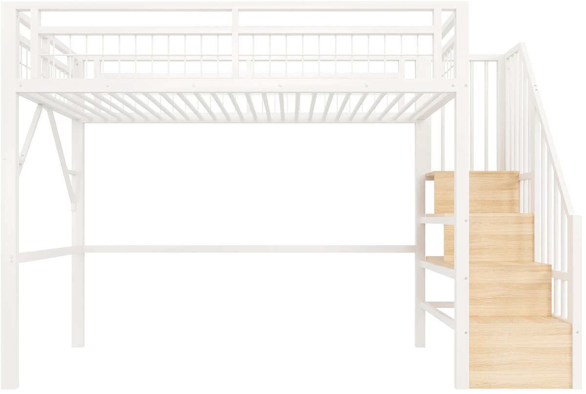 Hoogslaper 90 x 200 cm - met LED-verlichting - trapstructuur met opbergruimte - zonder matras - wit