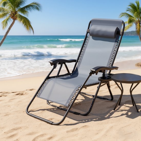 Opvouwbare Zonligstoel - Met Kussen - Verstelbare Rugleuning - Zijzak - Ergonomisch - Tuinligstoel - Metalen Frame - Oxford Stof - Draagbaar - Ligstoel - Voor Camping, Strand En Kantoor - Grijs - NAIZY — afbeelding 4