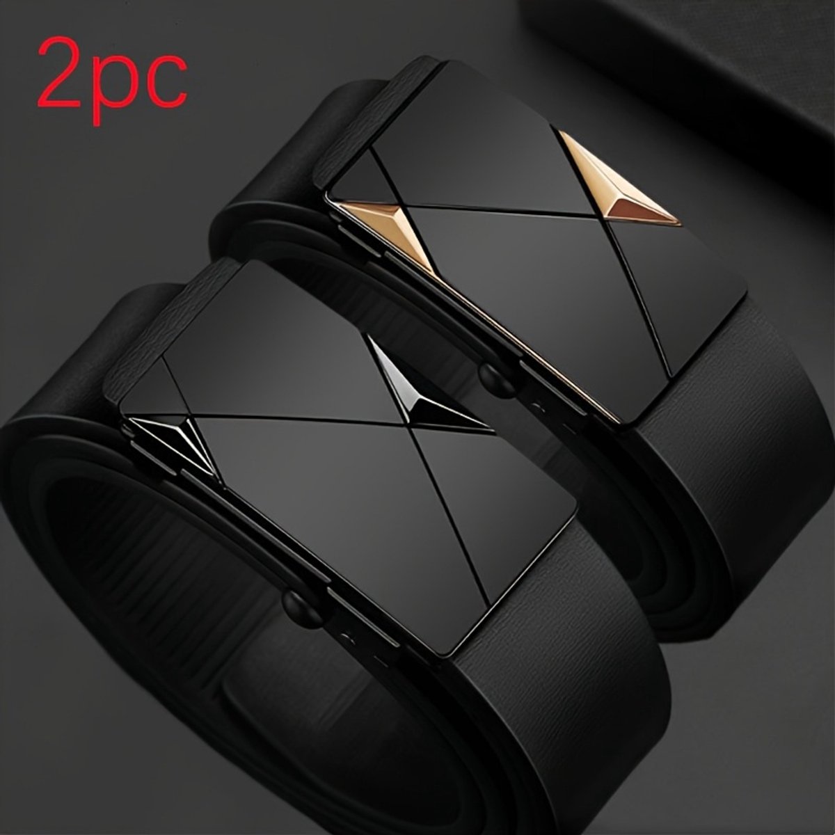 2pcs Men’s Vintage Casual Belts. Sturdy and breathable, ideal for businessmen. Perfect gift choice. Adjustable automatic buckle, fits jeans & formal pants. Quality PU in gold & black, great for festivals.