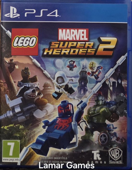 LEGO Marvel Super Heroes 2 PS4-hoes met Spider-Man 2099, Hulk, Captain America, Rocket Raccoon, Groot en Spider-Gwen.