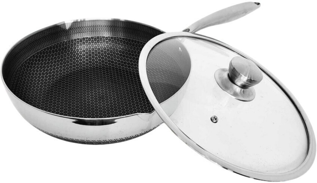 RVS Pan-Ø 28 cm-3 LAAGS-Hapjespan-Met deksel-PFAS vrij-anti kras-anti aanbak-schenktuit-Wok-alle warmte bronnen-Koekenpan
