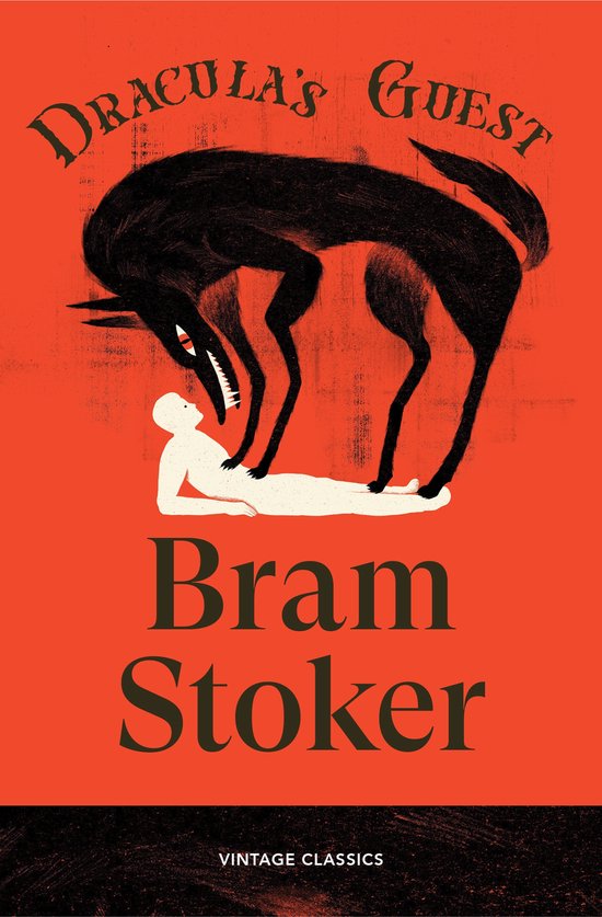 Boek kaft: Dracula's Guest door Bram Stoker. Zwarte wolf boven witte liggende figuur op oranje achtergrond.