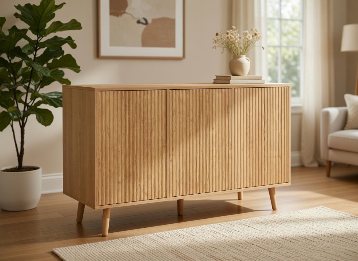 candi Wave Dressoir 120 cm met Golfdeuren – Moderne Buffetkast / TV-Meubel / Opbergkast met Push-Open Systeem en Houten Poten – Sonoma Eiken – NoviHome