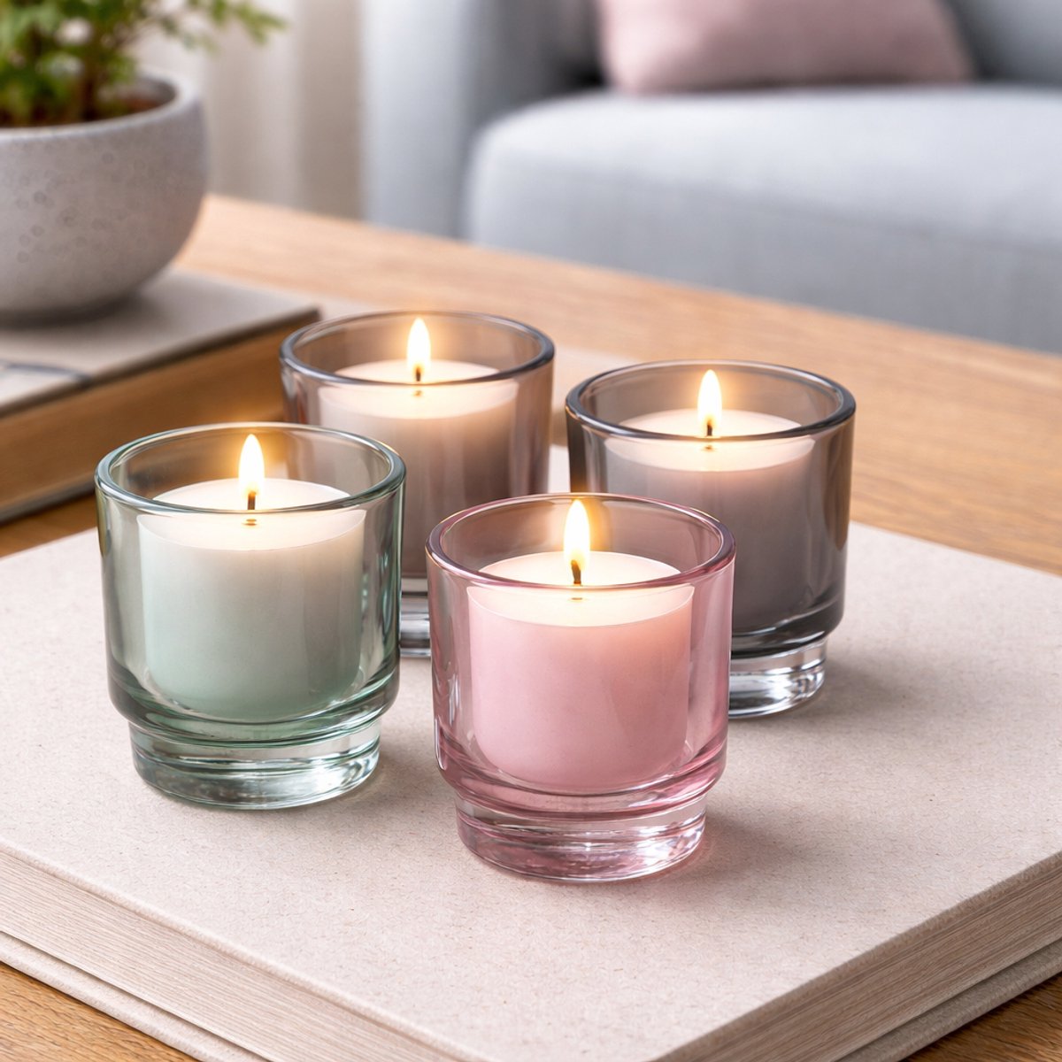 Arti Casa kandelaar set van 4 theelichthouders - gemaakt van glas - ronde vorm - afmeting ø7 x h8,5 cm - bruin, licht groen, licht grijs en roze - modern design - 2 jaar fabrieksgarantie