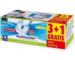 Bison Vochtvreter® magneet 450g 3+1 gratis - Parfumvrije navulling voor Vochtvreter® apparaat, 4x 450 g, bestrijd hoge luchtvochtigheid in woonruimtes, ook geschikt voor caravans en campers