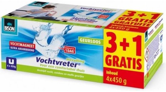 Bison Vochtvreter® magneet 450g 3+1 gratis - Parfumvrije navulling voor Vochtvreter® apparaat, 4x 450 g, bestrijd hoge luchtvochtigheid in woonruimtes, ook geschikt voor caravans en campers