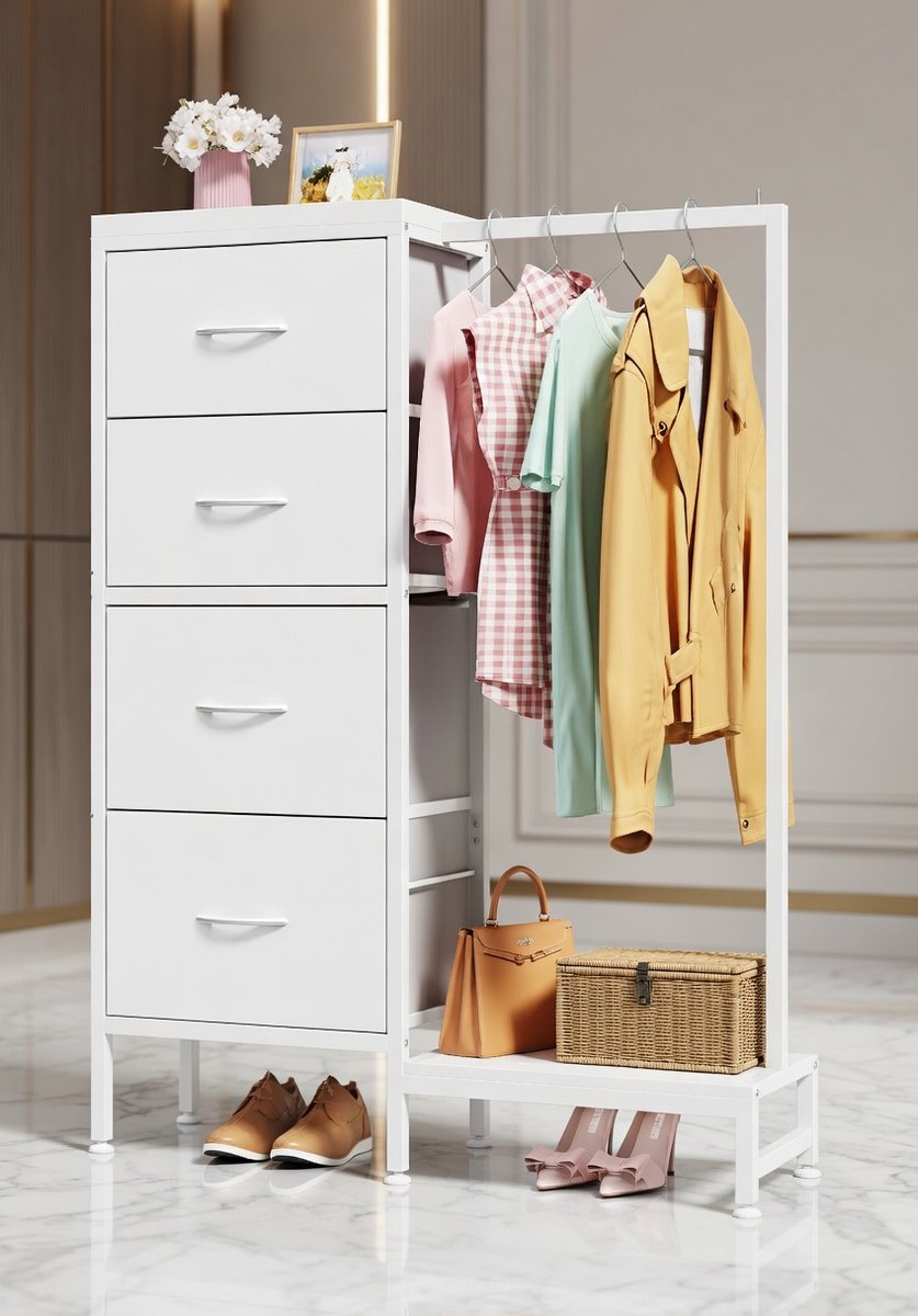 Smalle 111 cm Hoge Commodekast met 4 Stoffen Laden en Kledingstang – Witte Ladekast voor Slaapkamer, Woonkamer, Hal of Kinderkamer – Ruimtebesparend & Stijlvol – Opbergkast voor Kleding, Sokjes en Accessoires - House&Garden