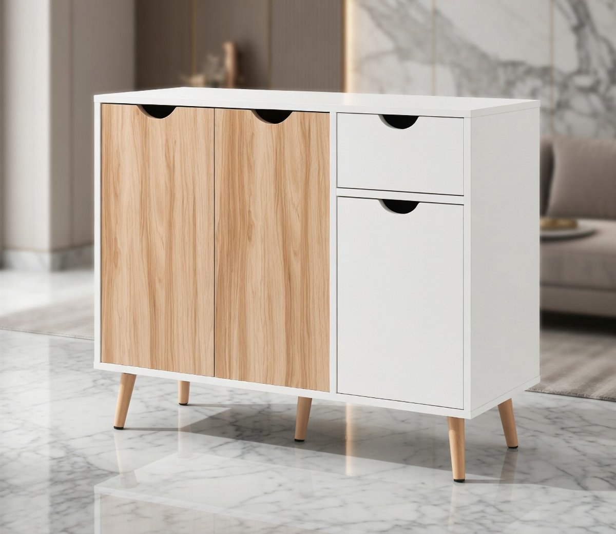 Moderne Eiken-Witte Opbergkast met Laden en Open Vakken – Stijlvolle Multifunctionele Ladekast voor Woonkamer, Slaapkamer en Hal – House&Garden