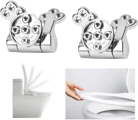 Chroomkleurige toiletbril scharnieren en afbeeldingen van een toilet met langzaam sluitende bril.