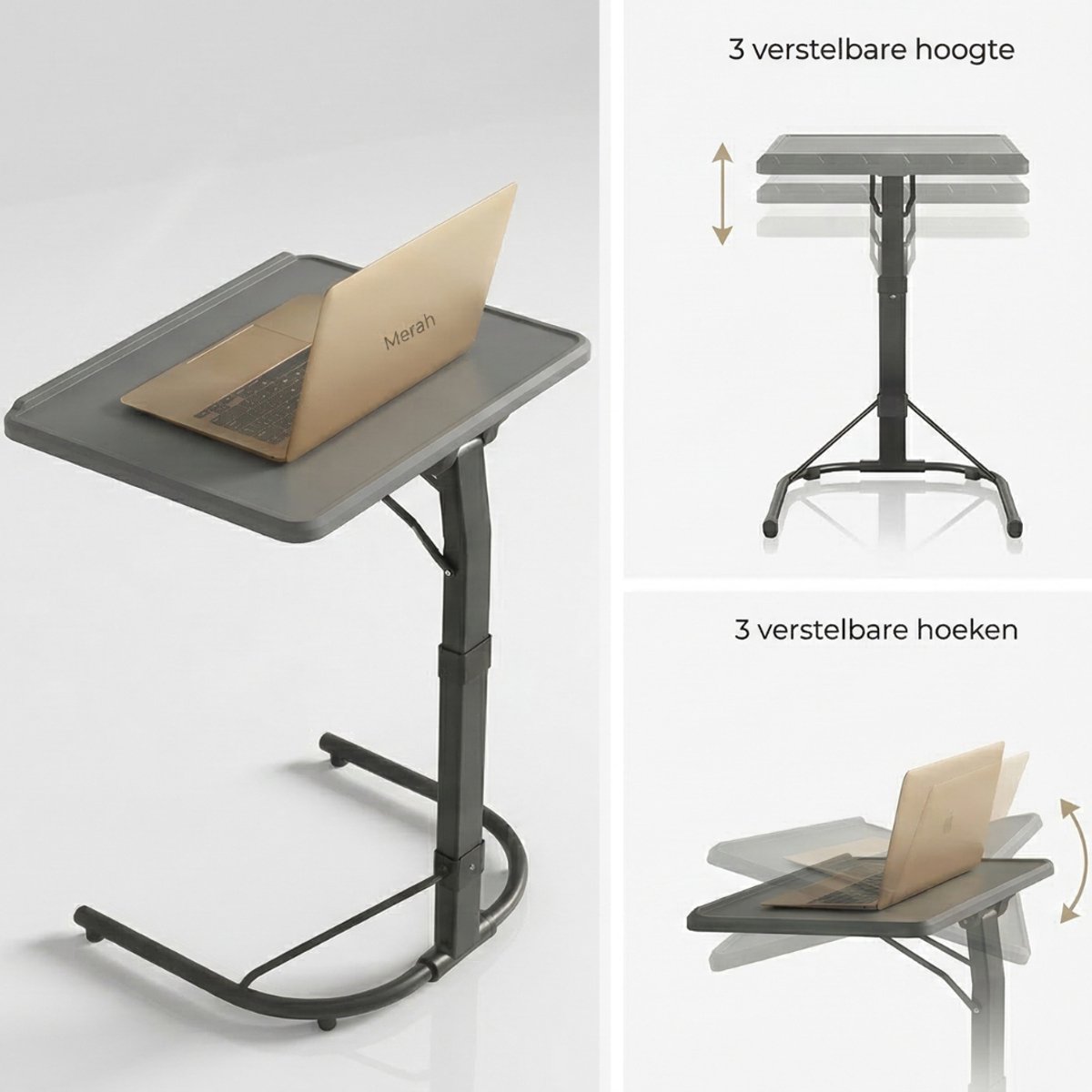 Merah® Laptoptafel - Bedtafel Verstelbaar in Hoogte & Hoek - Banktafel - Inklapbaar – Ergonomisch - Grijs