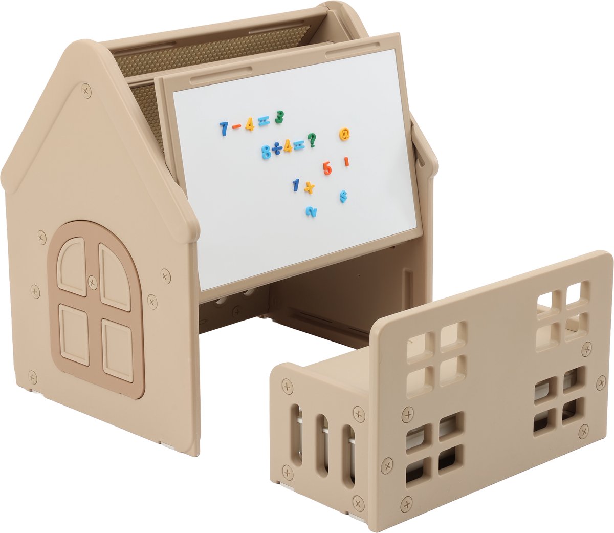 ComfyKidz 4 in 1 Speelhuis & Leerhuis incl. Opbergbank - Voor zowel Binnen & Buiten gebruik – Bouwtafel + Tekenbord + Bureau — afbeelding 4
