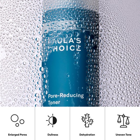 Blauwe fles Paula's Choice Pore-Reducing Toner bedekt met waterdruppels. Iconen: Vergrote Poriën, Doffe huid, Dehydratatie, Oneffen Tint.