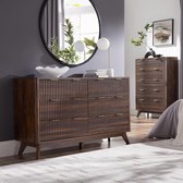 Commode avec 6 Tiroirs 137x40x81 cm – Commode Dressoirkast Nervurée Moderne avec Design Courbe, Meuble de Rangement en Bois Noyer Foncé pour Chambre à Coucher & Salon – Laura