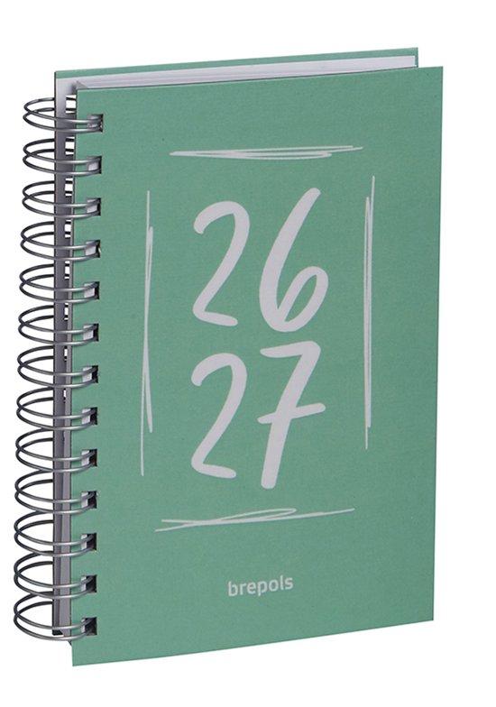 Groene Brepols agenda 26-27 met 'doodle dash' design en spiraalbinding.