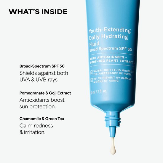 Blauwe fles Paula's Choice Youth-Extending Daily Hydrating Fluid SPF 50 met tekst 'WHAT'S INSIDE' en ingrediëntenlijst.
