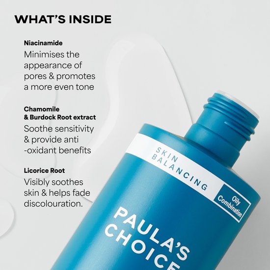 Blauwe Paula's Choice Skin Balancing fles met witte streep. Ingrediënten: Niacinamide, Kamille & Burdock Wortel extract, Zoethout Wortel.