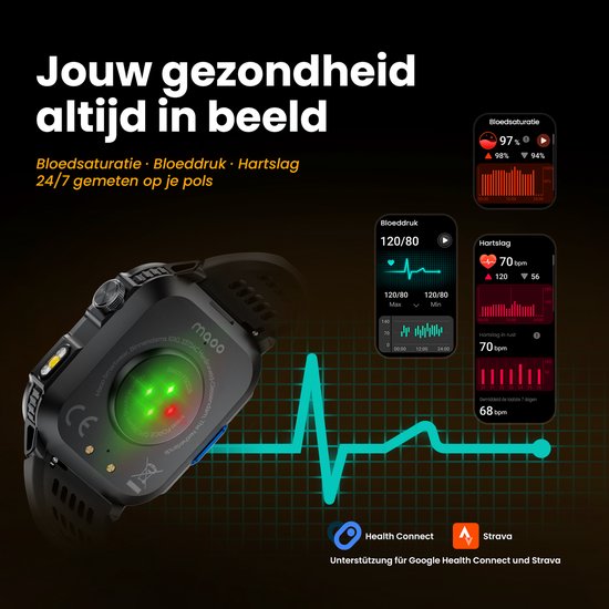 Maoo FORGE GPS Square - GPS Smartwatch Heren - Sporthorloge - 3 Bandjes - Stappenteller - Hartslagmeter - Slaapmonitor - Belfunctie - LED Zaklamp - Multisport - Geschikt voor Android en iOS - Gun Metal Blue
