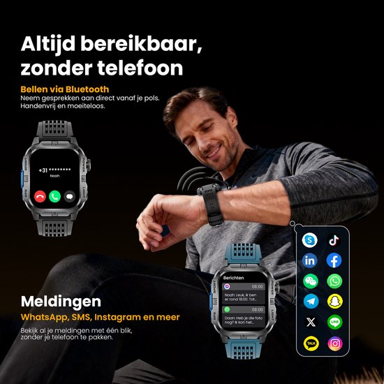 Maoo FORGE GPS Square - GPS Smartwatch Heren - Sporthorloge - 3 Bandjes - Stappenteller - Hartslagmeter - Slaapmonitor - Belfunctie - LED Zaklamp - Multisport - Geschikt voor Android en iOS - Gun Metal Blue