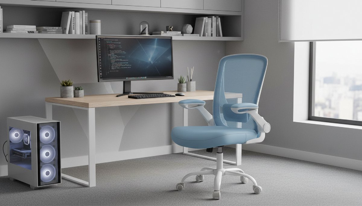 Ergonomische bureaustoel Casa Velluto ComfortPro Misty Blauw – Canvas Fauteuil met Gewatteerde Lendensteun, Kantelmechanisme 90-105°, 53 cm Brede Zitting, Inklapbare Armleuningen, Rollend en Ruimtebesparend – Voor Thuis, Studeren en Kantoor