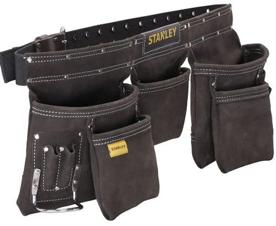Donkerbruine gereedschapsgordel van Stanley met meerdere vakken, stiksels en metalen gesp.