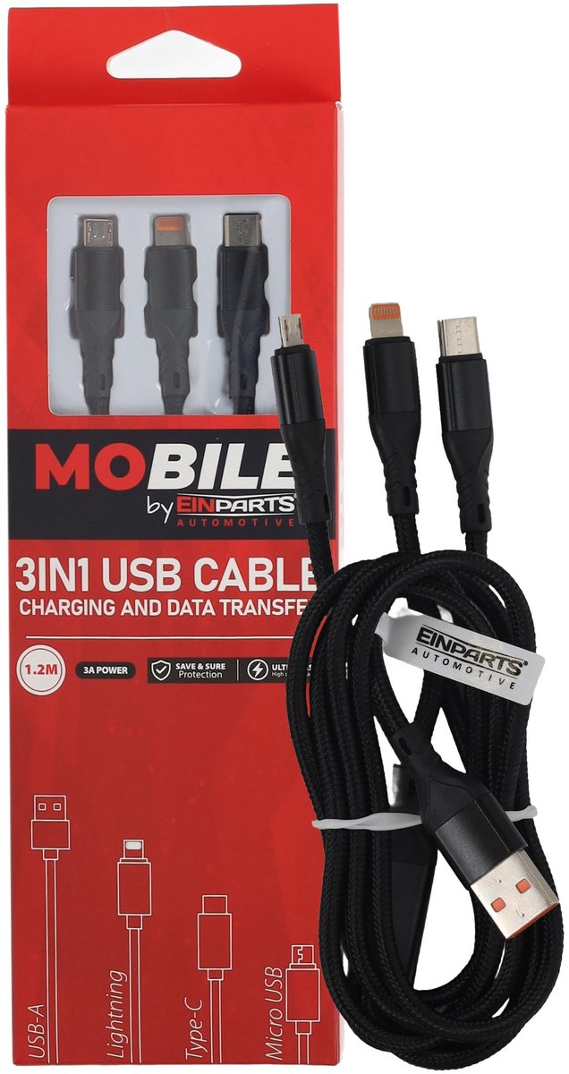 Einparts 3-In-1 Kabel 12M 3A Naar Usb-C Micro Usb Lightning Met Kabelblad