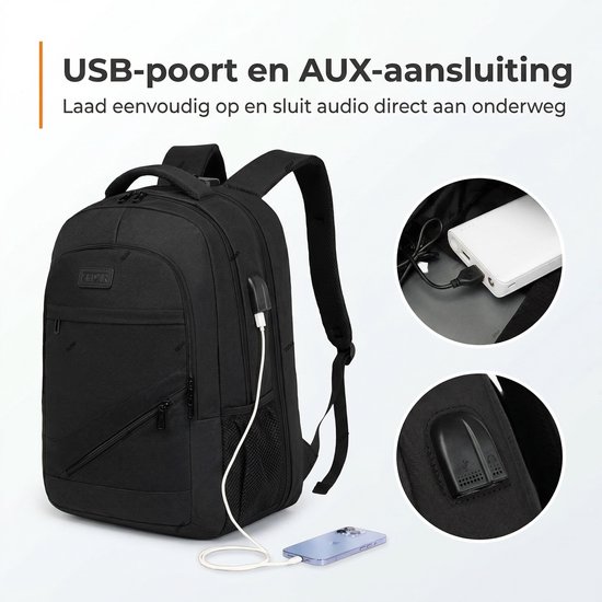 Sac à dos étanche antivol avec station de charge USB - Sac pour ordinateur portable jusqu'à 17 pouces - pour femme et homme - Zwart de Zedar