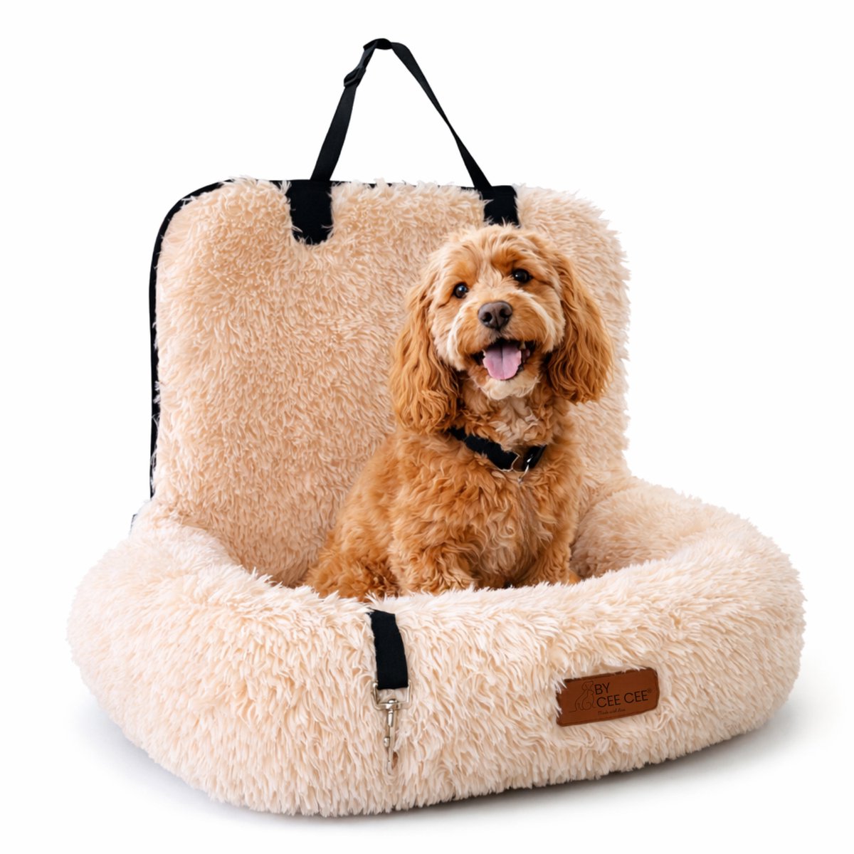 By Cee Cee Autostoel Hond Deluxe Achterbank - Hondenmand Auto Met Veiligheidsriempje - Automand Hond - Hondenstoel - Grote Hond - Beige - Maat M - Bibi