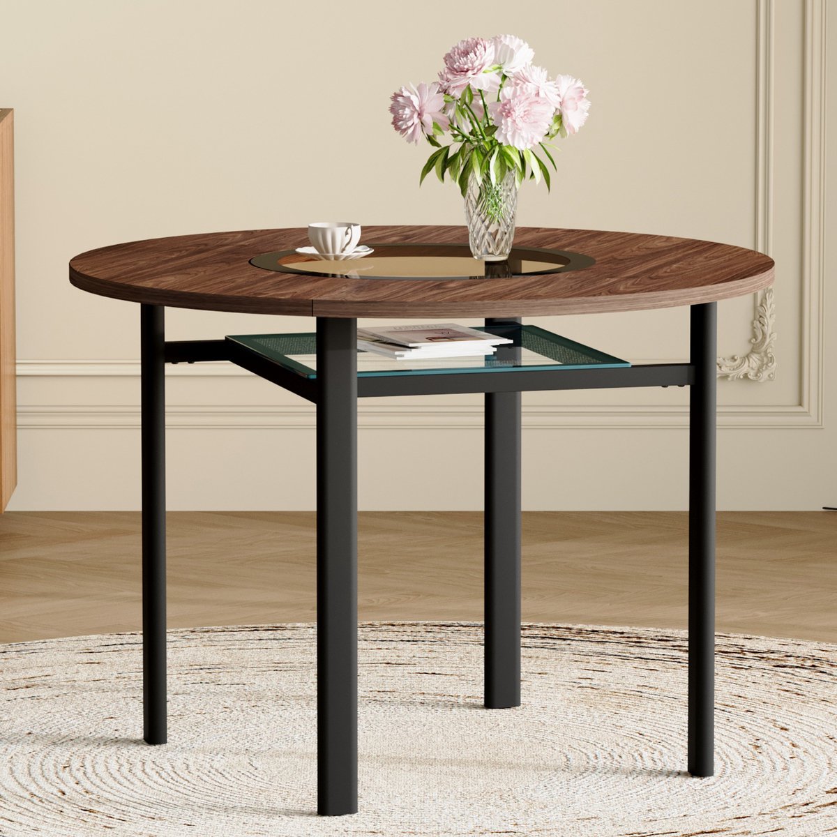 MODFU Ronde Eettafel - Met Glasinleg En Onderblad - Minimalistisch - Voor Eetkamer - MDF, Metaal En Glas - Bruin En Zwart - 100 cm Bruin+Zwart
