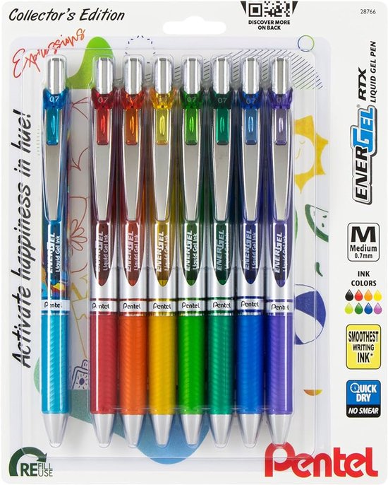Set van 8 Pentel EnerGel RTX pennen in regenboogkleuren met zilveren clips en 0,7 mm medium punt.
