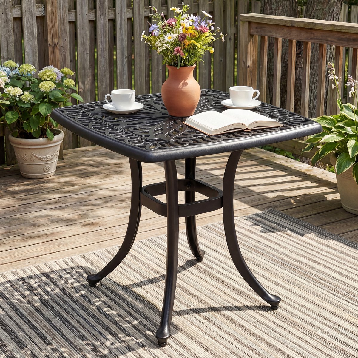 KOMFOTTEU bijzettafel voor buiten 54cm, vierkante bistrotafel van gegoten aluminium met parasolgat, opengewerkt bloemenpatroon, kleine weerbestendige salontafel voor tuin en balkon thumbnail 3