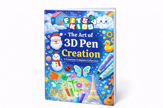 Boek met de titel 'The Art of 3D Pen Creation', met illustraties van kerstman, sneeuwpop, eend, vlinder, fiets, Eiffeltoren en regenboog.