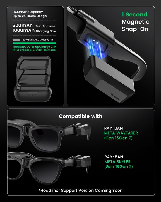 Transnovo Snap-On Powerbank 1600mAh oplader geschikt voor Ray Ban Meta Smart Glasses Gen 1 & 2 - ray ban zonnebrillen accessoires — afbeelding 3