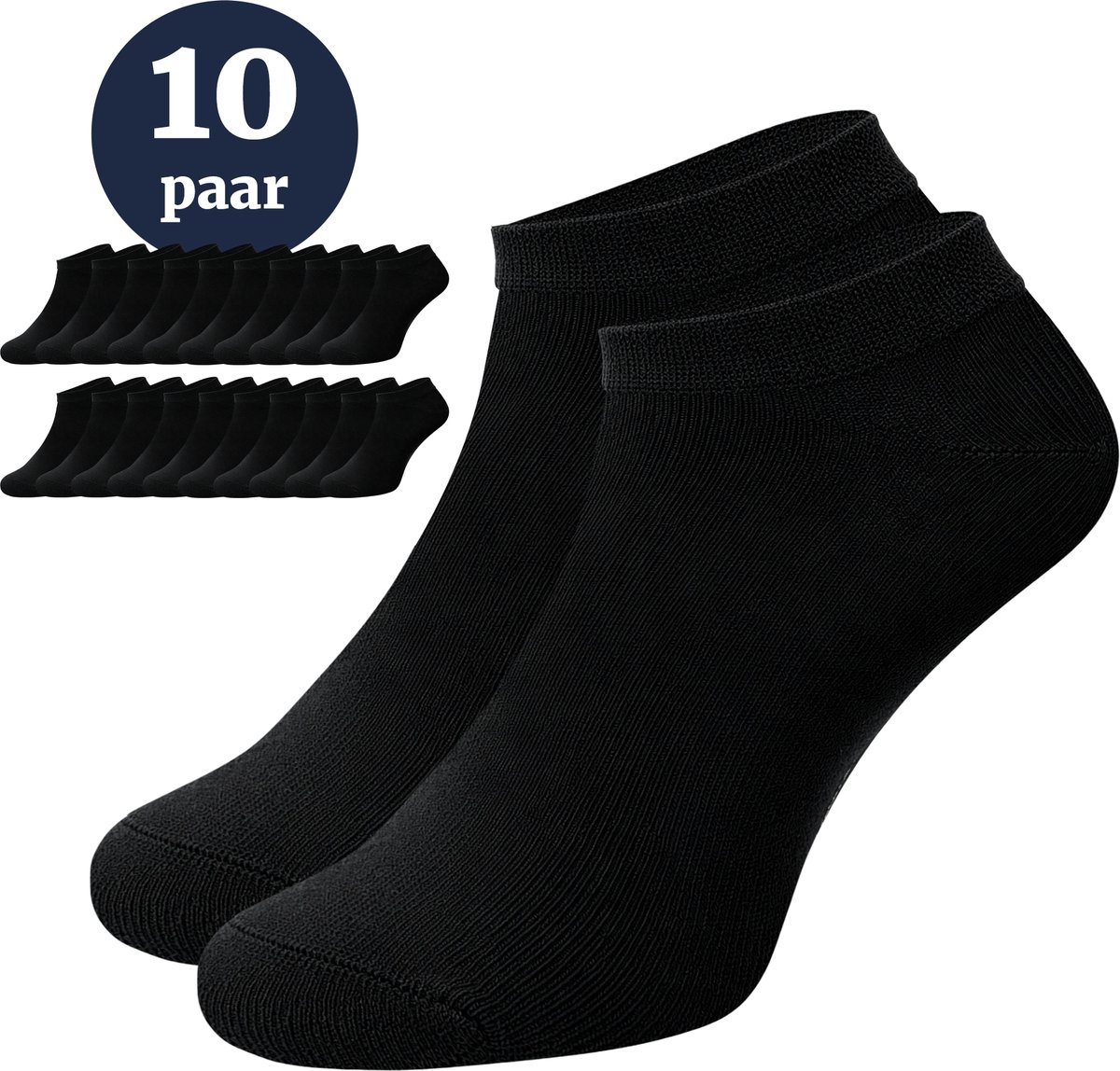 Jacob & Roy's Sneakersokken - Korte Sokken - 10 Paar - Zwart - Dames & Heren - Katoen - Maat 47-50 - Sneaker Socks