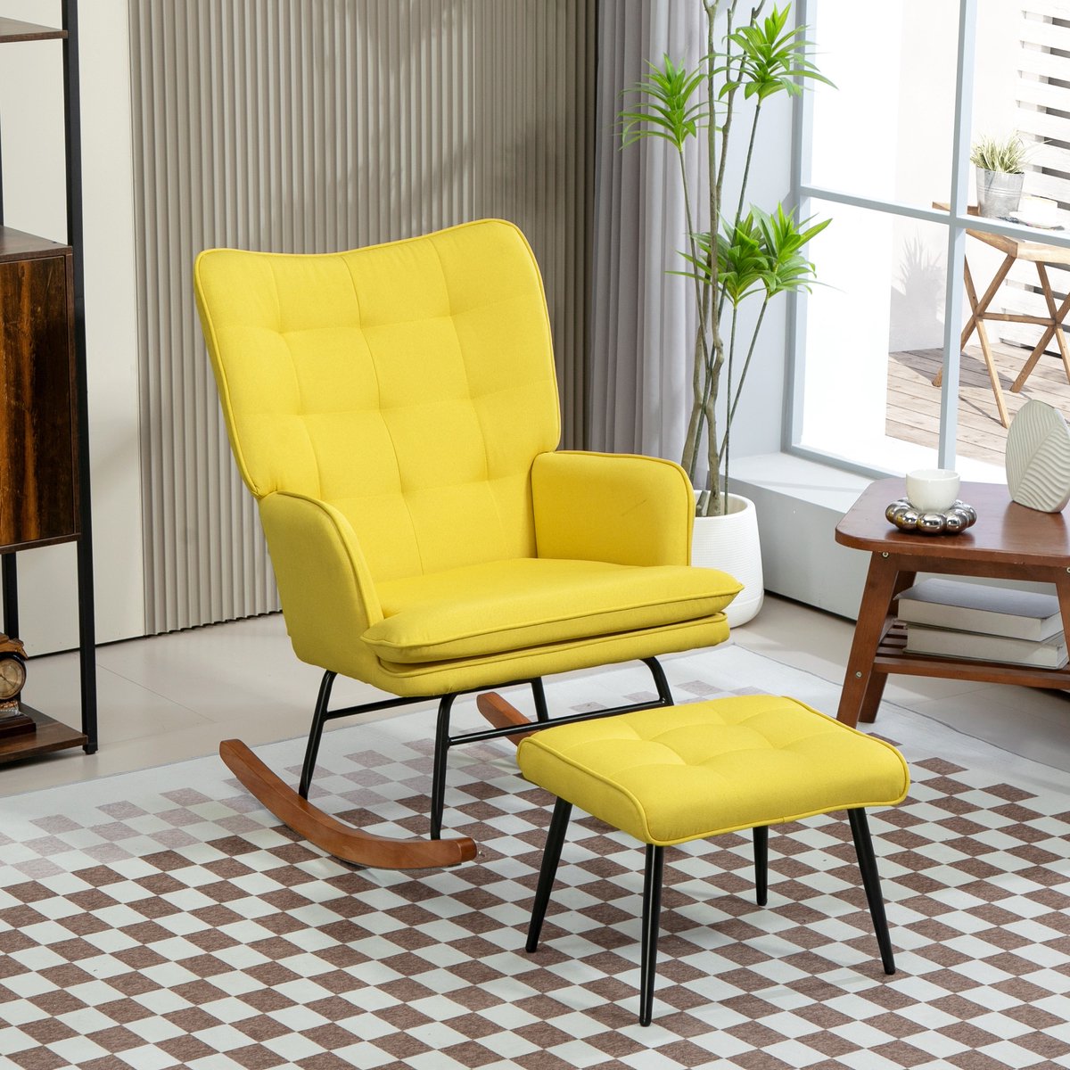 MODFU - Schommelstoel Met Voetenbank - Hoge Rugleuning En Armleuningen - Elegant - Polyester - Geel