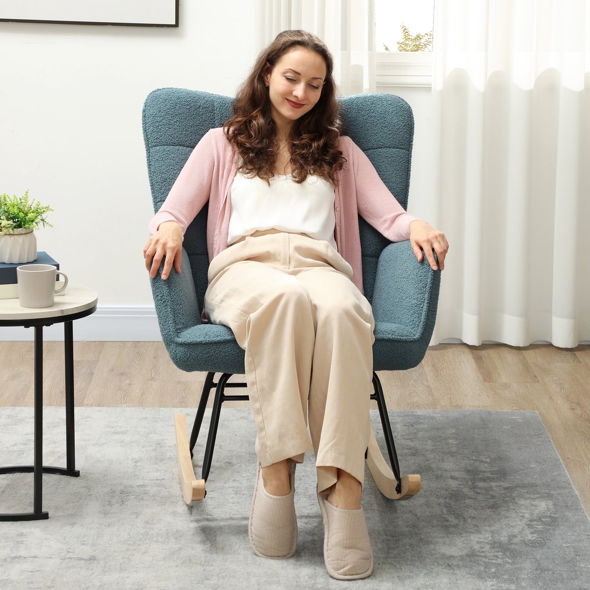 MODFU - Schommelstoel - Hoge Rugleuning En Armleuningen - Gewatteerd - Voor Woonkamer Of Slaapkamer - Polyester - Lichtblauw