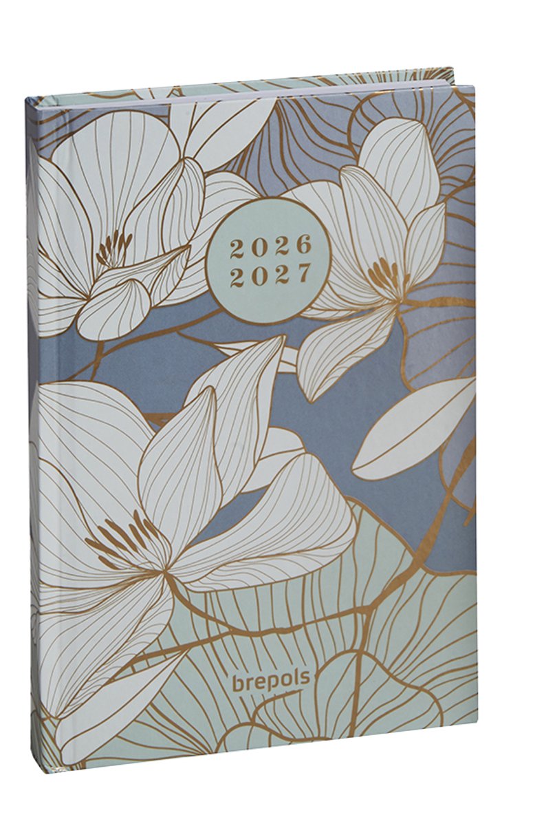Brepols agenda 2026-2027 - FLORAL & LEAVES - Schoolagenda - 1 dag per pagina - Stevige omslag - Dagoverzicht - Blauw - 11.5 x 16.9 cm