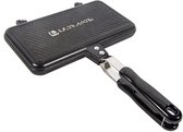 Gesloten zwarte grillpan met ribbelpatroon en logo 'ULTIMATE'. Zwart handvat.