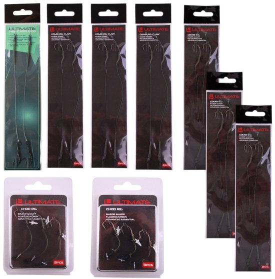 Verpakking met diverse Ultimate karper rigs, waaronder Chod en Combi Rigs.