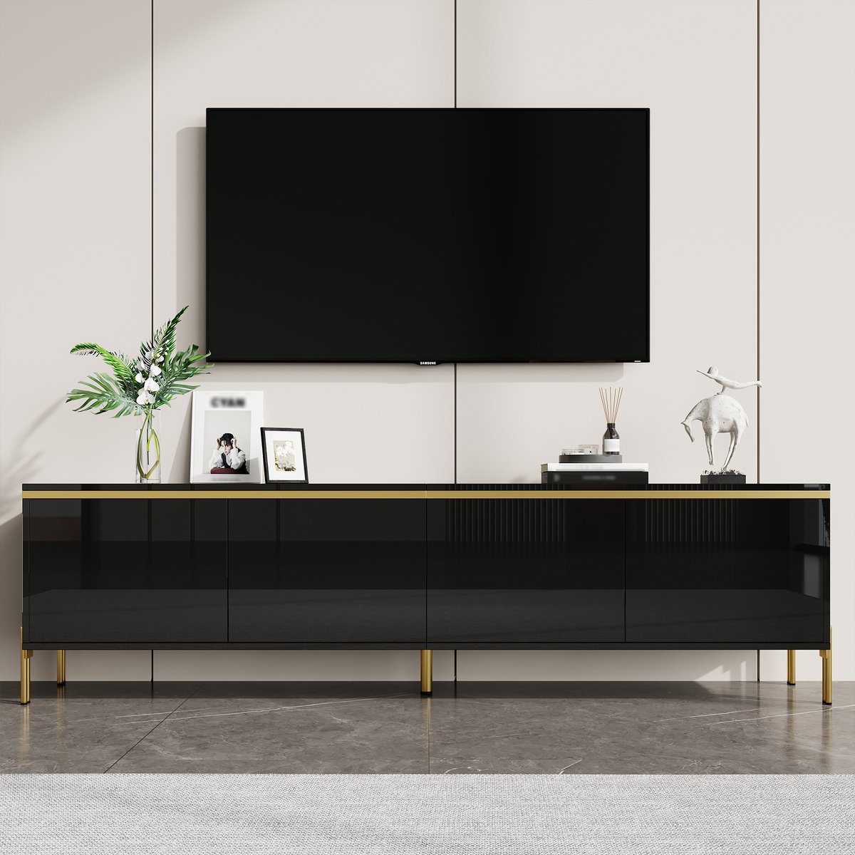 Wishdor Tv-Meubel - Vier Deuren, Kabeldoorvoer - Modern Italiaans - Woonkamer - Spaanplaat - Zwart - 170 X 38 X 50 Cm
