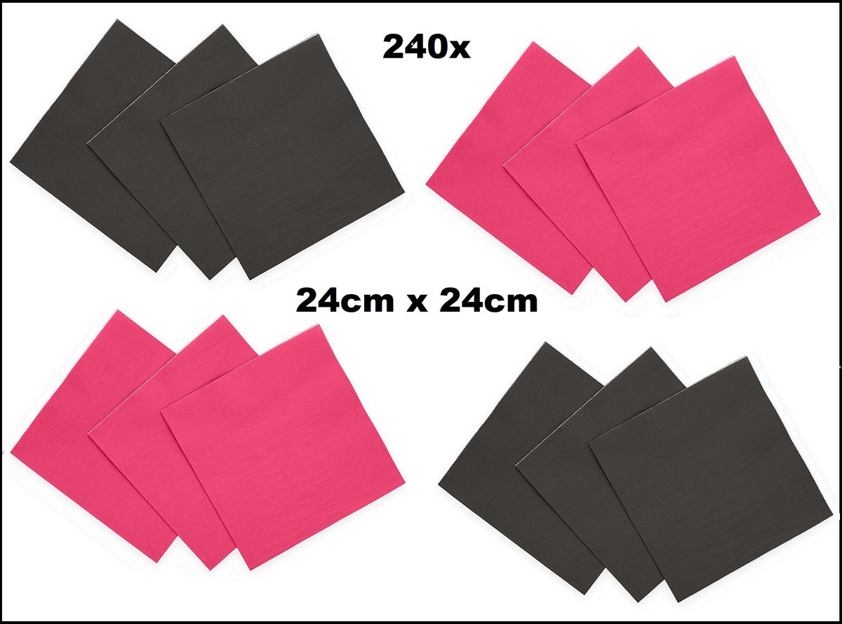 240x Servetten zwart en pink 24cm x 24cm - 3 laags - Cocktail servet diner eten knoeien restaurant BBQ thema feest verjaardag feest WK