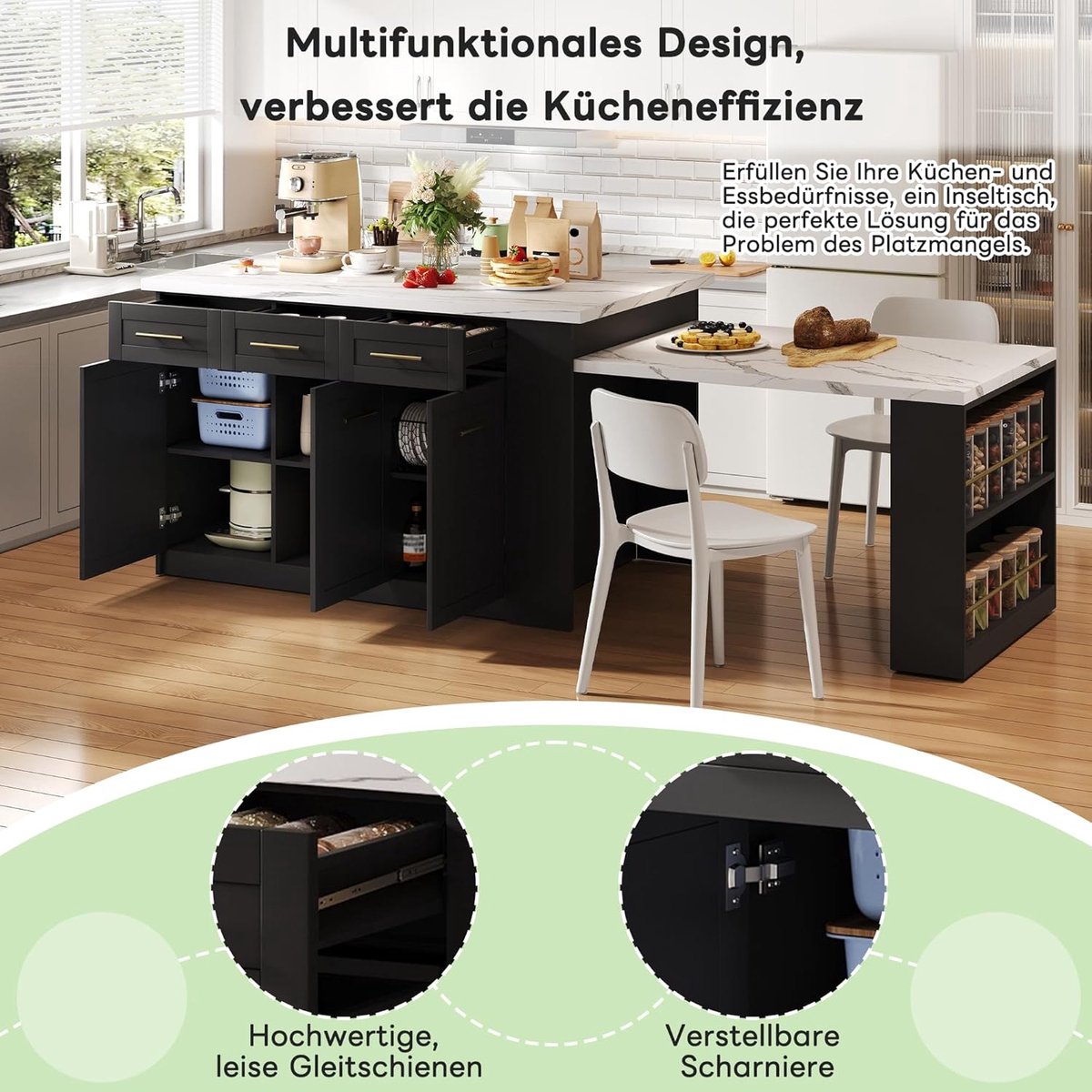 Keukeneiland met Uittrekbare Eettafel 150 + 96 cm – Vrijstaand Kookeiland met Opbergruimte, Laden, Kruidenrek en Wit Marmer Look Werkblad – Zwart/Wit MDF – 90x150x90 cm – Laura