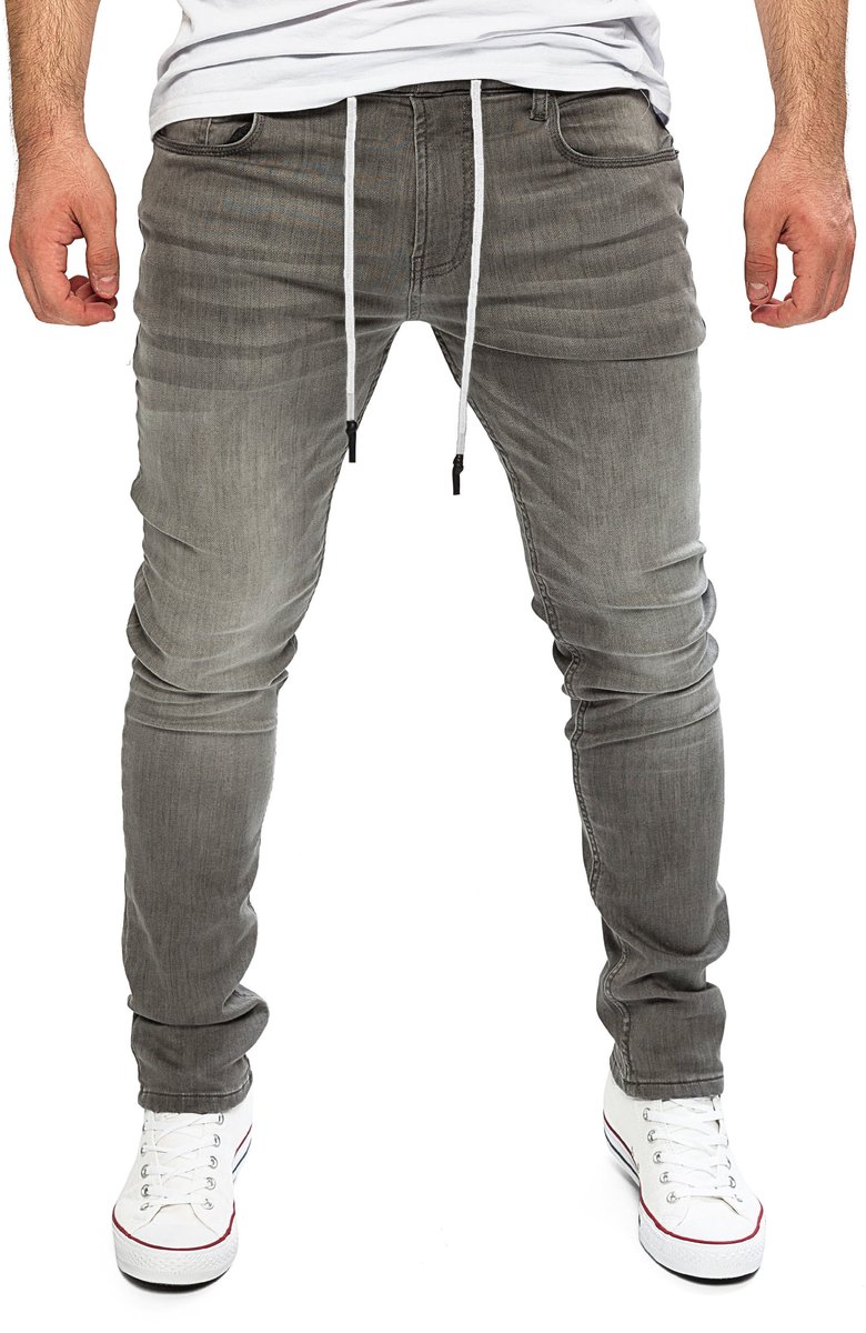 Yazubi Heren Joggerbroek Erik – Katoen Stretch – Grijs – Jeanslook & Koordsluiting