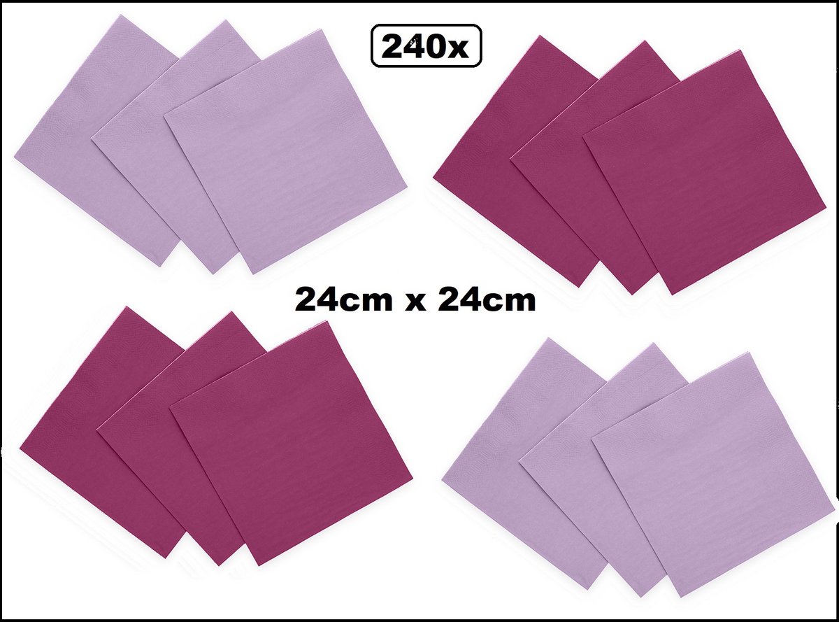 240x Servetten paars en lila 24cm x 24cm - 3 laags - Cocktail servet diner eten knoeien restaurant BBQ thema feest verjaardag feest WK