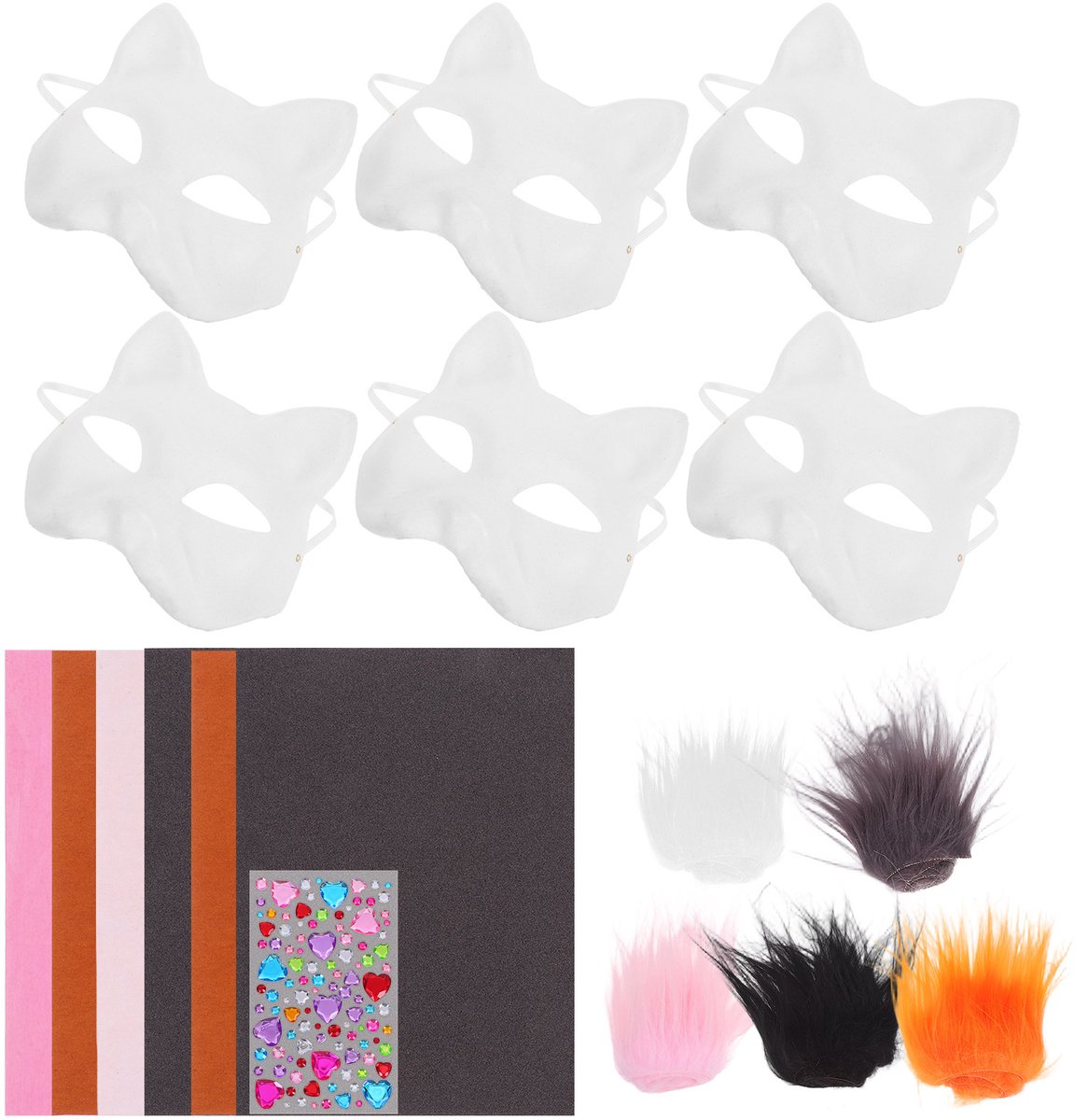 DIY Blanco Kattenmasker Set – 6 Stuks Halfgezichtsmaskers om te Knutselen & Versieren – Inclusief Vilt, Gaas, Lintjes & Stickers – Voor Carnaval, Halloween & Cosplay