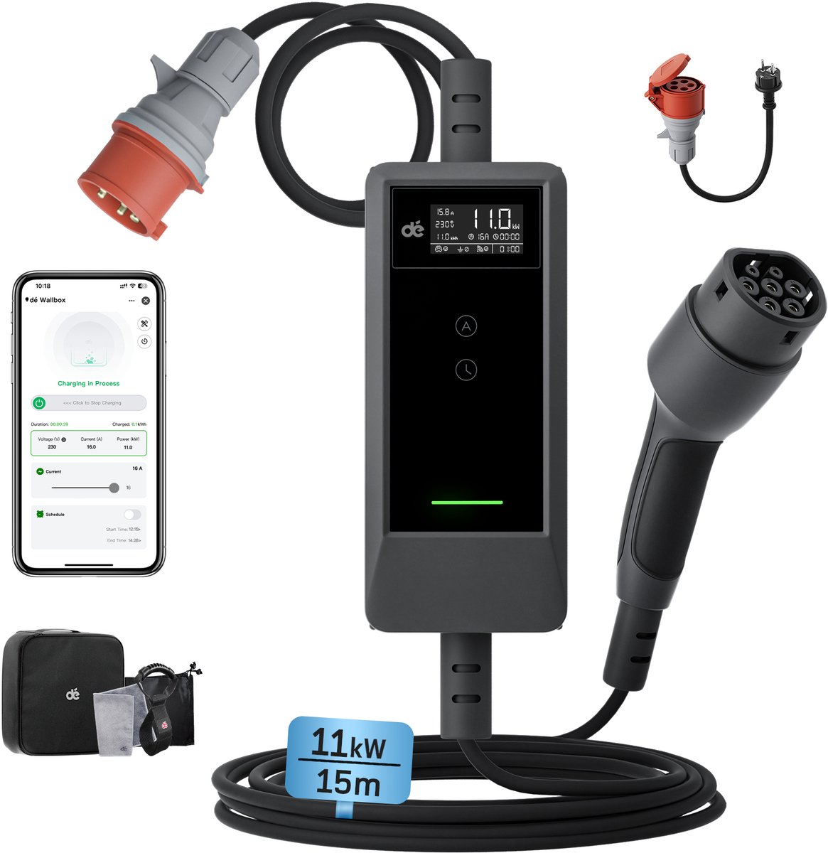dé Mobiele Thuislader 11kW met APP - CEE naar Type 2 stekker - 15 meter Laadkabel - 16A 3 fase - IP66 Waterdicht EV Oplader - LCD Digitaal Display