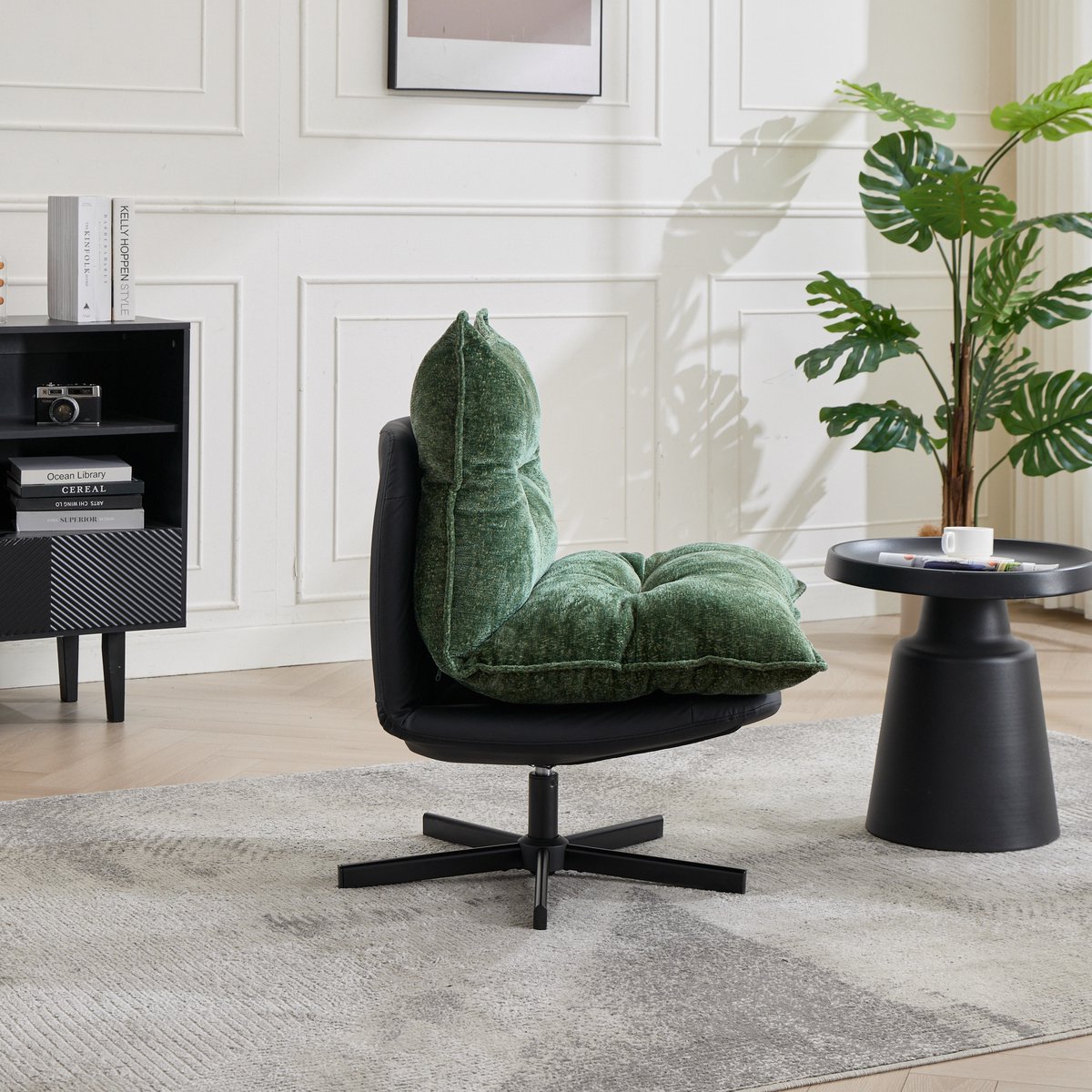 REDOM Draaibare Relaxstoel - 3-Standen Rugleuning En 360° Draaifunctie - Industrieel - Voor Leeshoek - Chenille En Metaal - Donkergroen Zwart